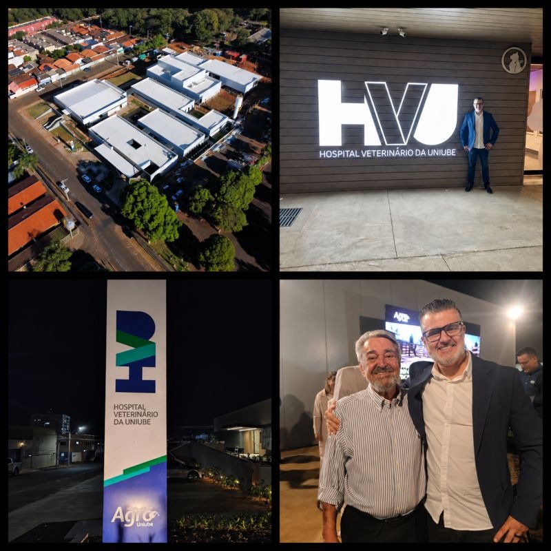 Vista aérea e registros do Hospital Veterinário da UNIUBE, com Renato Moraes em visita ao empreendimento.