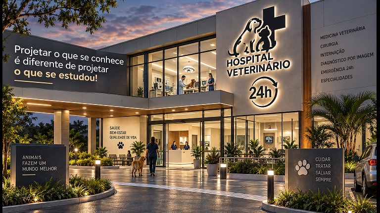 Ilustração de hospital veterinário com a mensagem “Projetar o que se conhece é diferente de projetar o que se estudou”.