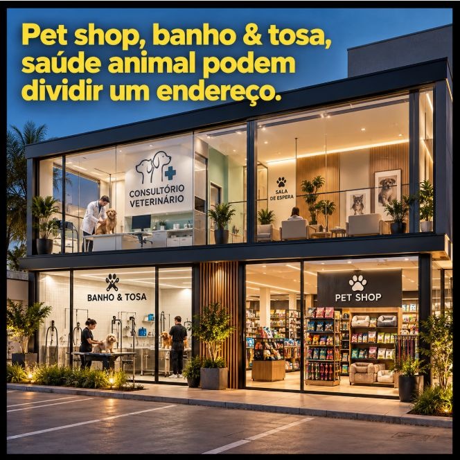 Ilustração de empreendimento que reúne consultório veterinário, banho e tosa e pet shop em um mesmo endereço.
